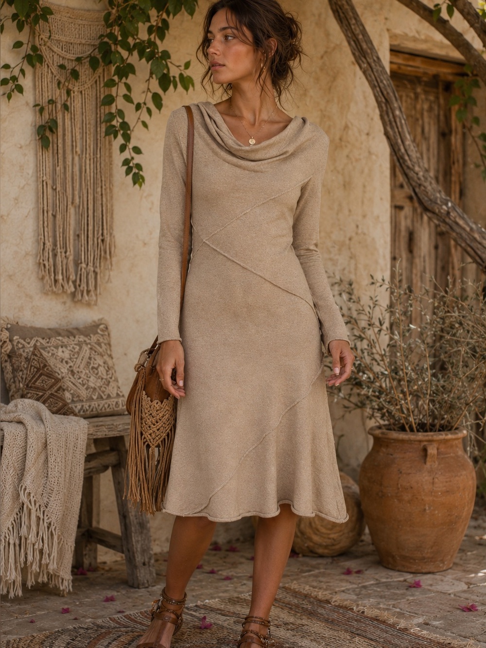 Athleta Camber Tan Cowl Neck Autumn Boho Minimalist Midi Dress Size S